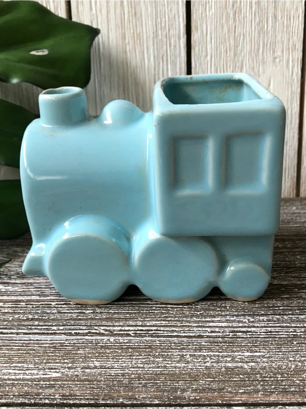 Vintage Light Blue Ceramic Train Engine Planter / Vase